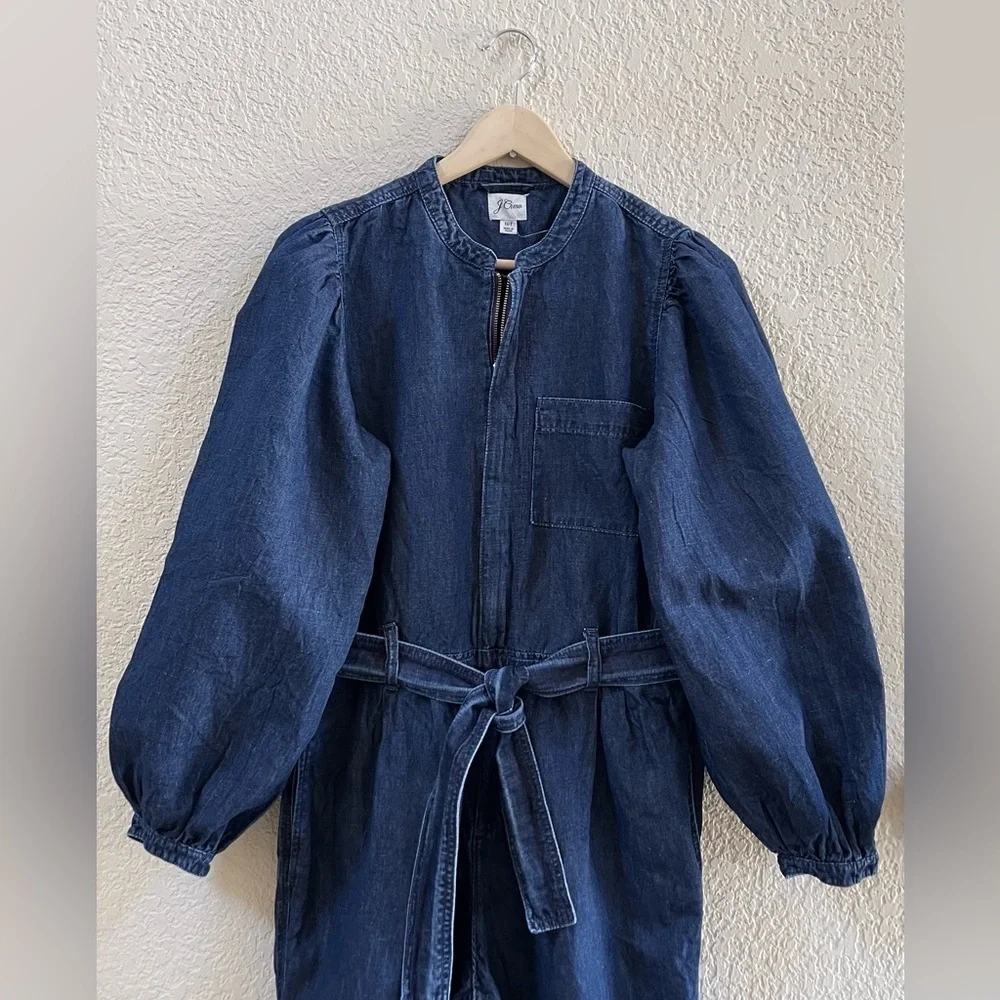 J. Crew Coverall Jumpsuit Puff Sleeve Denim Linen Casual Chic Boho Blue 10 Tall